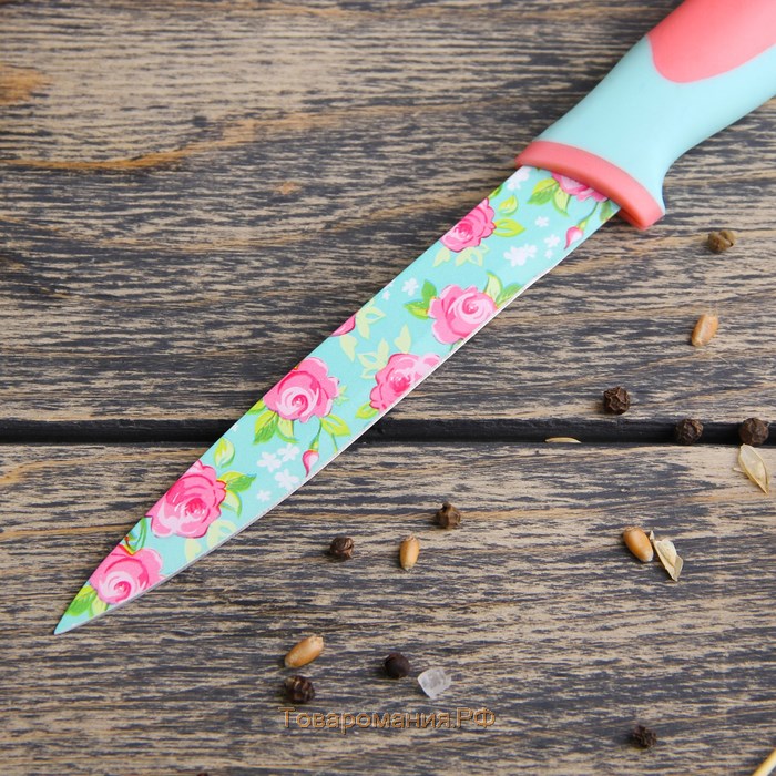 Нож кухонный с антиналипающим покрытием «Цветочки», лезвие 12 см