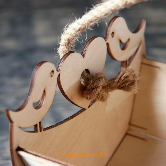 Кашпо деревянное 22×15×12 см уникальное "Птичкина кормушка Лайт", ручка верёвка, натуральный