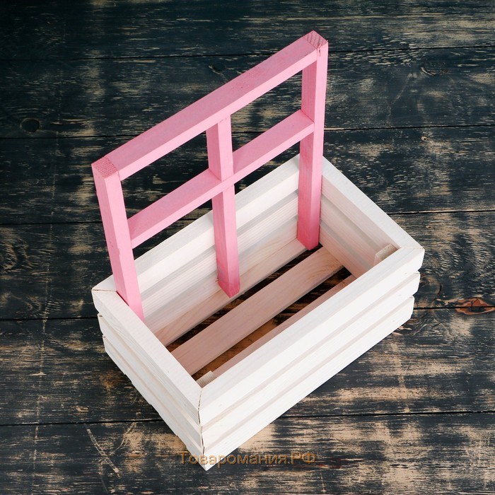 Кашпо деревянное 25×18×30 см "Букет под окном", с ручкой, белый розовый