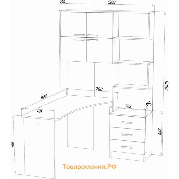 Стол компьютерный №1 Левый, 1280х2000х1450, Ясень шимо темный/Светлый