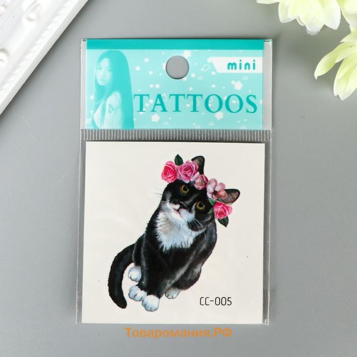 Татуировка на тело цветная "Котик в цветочном венке" 6х6 см