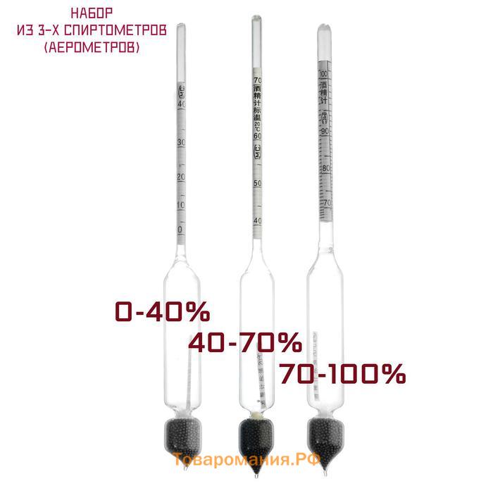 Набор спиртомеров 3 шт: 0-40, 40-70, 70-100, + жидкостный термометр