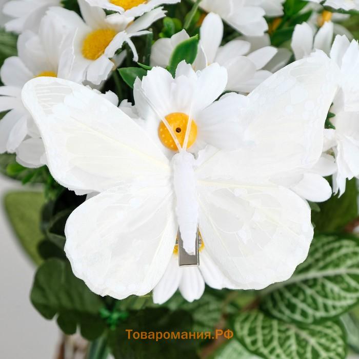 Бабочка для декора и флористики, на прищепке, пластиковая, белая, 1 шт., 12 см