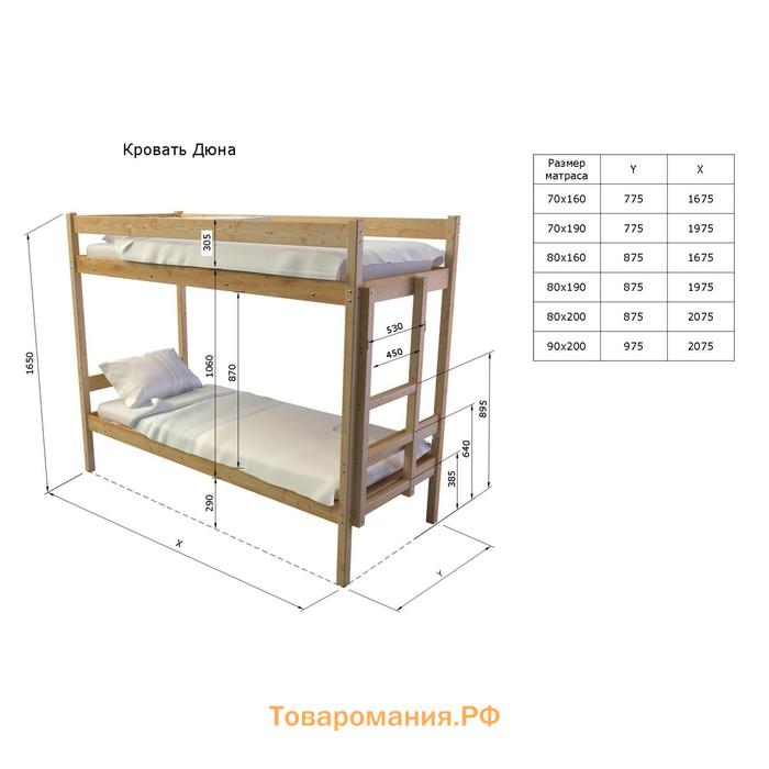 Двухъярусная кровать «Дюна», 90 × 200 см, массив сосны