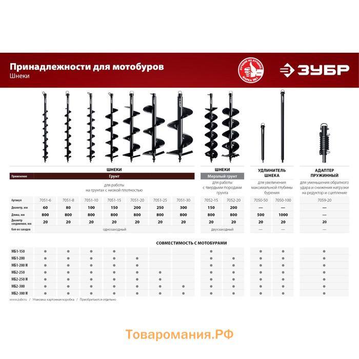 Шнек для грунта ЗУБР W-7051-15, к мотобуру МБ1-200Н, 150х800 мм, соединение 20мм, сталь 65Г