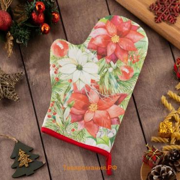 Новый год. Варежка-прихватка Christmas red flowers 20х28см, саржа, 100% хлопок, ватин 250г/м2